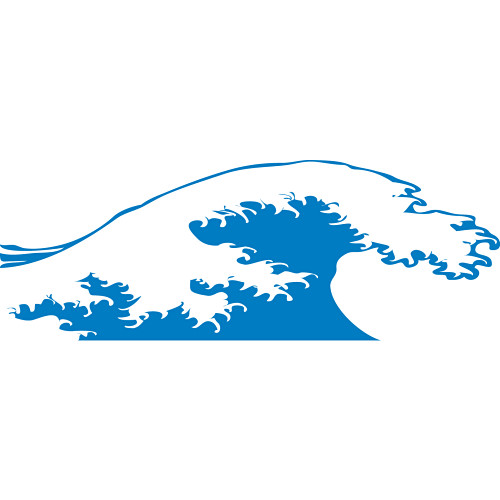 Blue stylized ocean wave graphic in Hokusai-inspired form, isolated on white background.