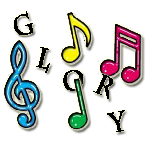 Colorful musical notes and clef spelling "GLORY" in playful, artistic font.