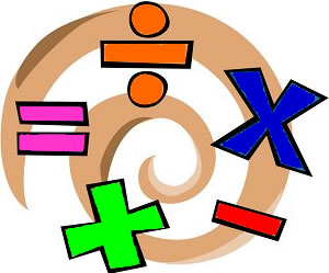 Colorful arithmetic symbols (plus, minus, multiply, divide, equals) arranged on a swirling beige background.