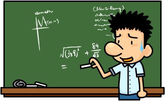 A cartoon student sweating while solving a complex math equation on a green chalkboard.
