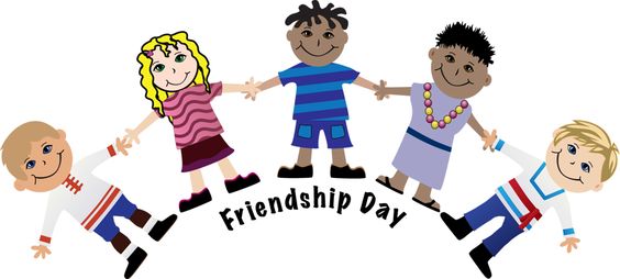 Five diverse cartoon children holding hands in a circle around the text "Friendship Day".
