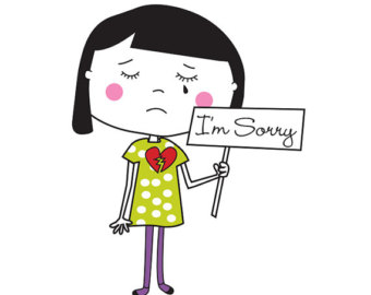 Sad cartoon girl holding "I'm Sorry" sign with broken heart shirt