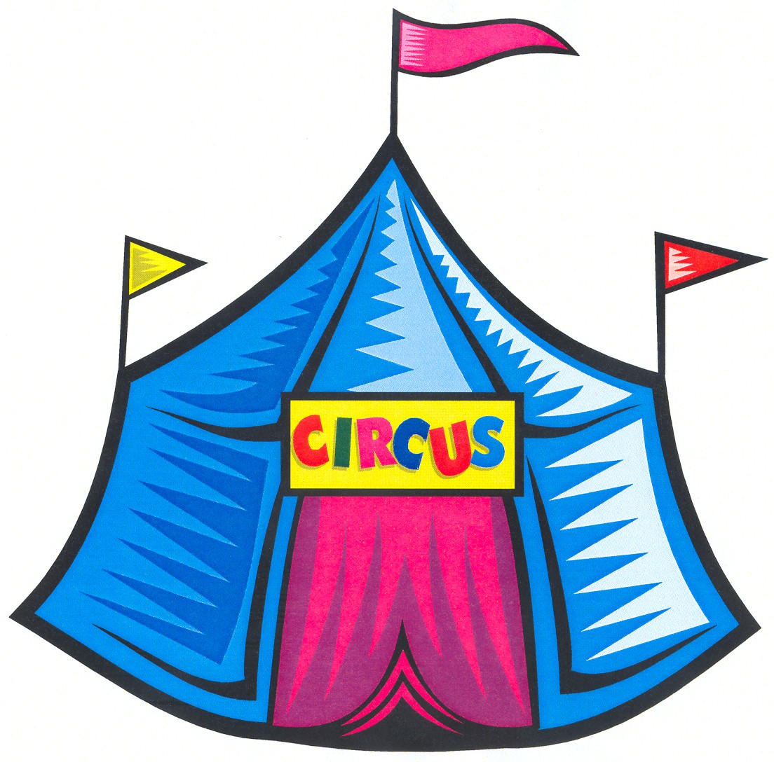 Colorful cartoon circus tent with blue canopy, pink entrance curtain, and multicolored flags.
