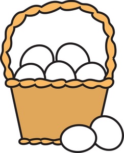 A cartoon-style wicker basket filled with white eggs, with two additional eggs resting beside it.