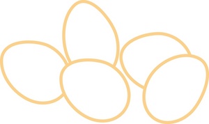 Five simple outline-style eggs in a soft yellow hue, arranged in a loose cluster on white background.
