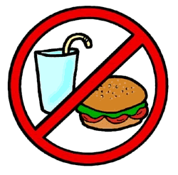 Red prohibition symbol over a hamburger and soft drink, indicating food and beverage restrictions.