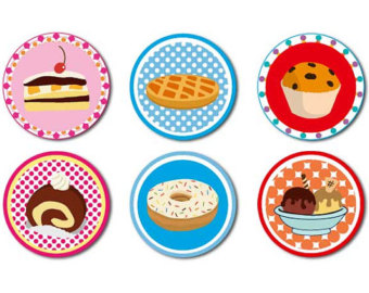 Six colorful circular icons featuring classic desserts: cake, pie, muffin, roll, donut, and ice cream sundae.