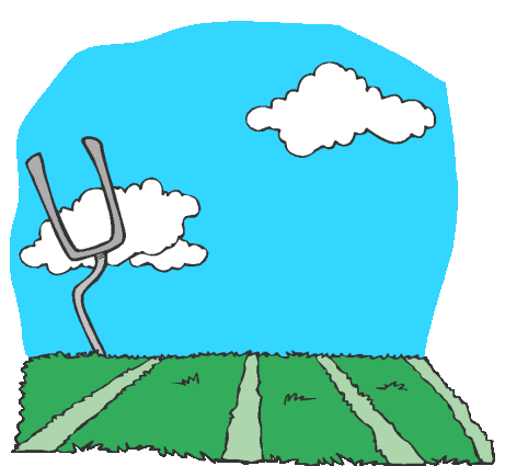 A cartoon-style farm field with green rows, a blue sky, a cloud shaped like a pitchfork, and another fluffy cloud.