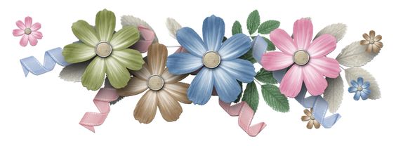 Pastel floral border with green, blue, pink, and beige daisies, ribbons, and leaves on white background.