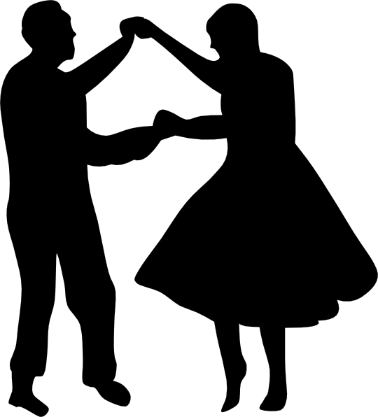Silhouette of a man and woman dancing in a classic ballroom pose, holding hands mid-twirl.