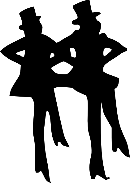 Silhouette of two elegantly dressed figures in top hats, dancing or posing together in vintage formal wear.