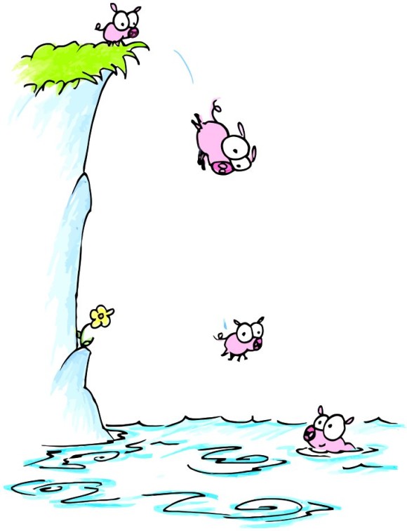 Cartoon Pigs Jumping Off Cliff Clipart 