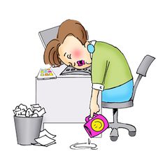 Exhausted woman napping at desk with crumpled papers, coffee cup, and pink tape dispenser nearby.