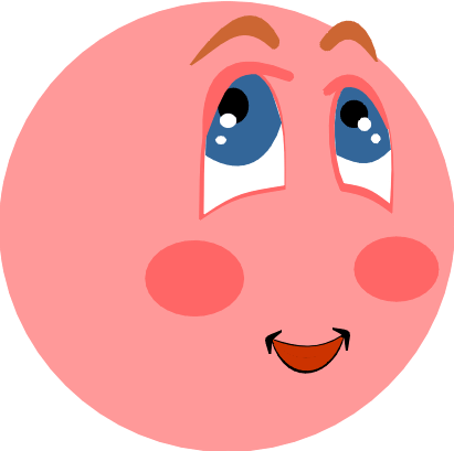 Pink cartoon face with blue eyes, rosy cheeks, and a cheerful smile looking upward.