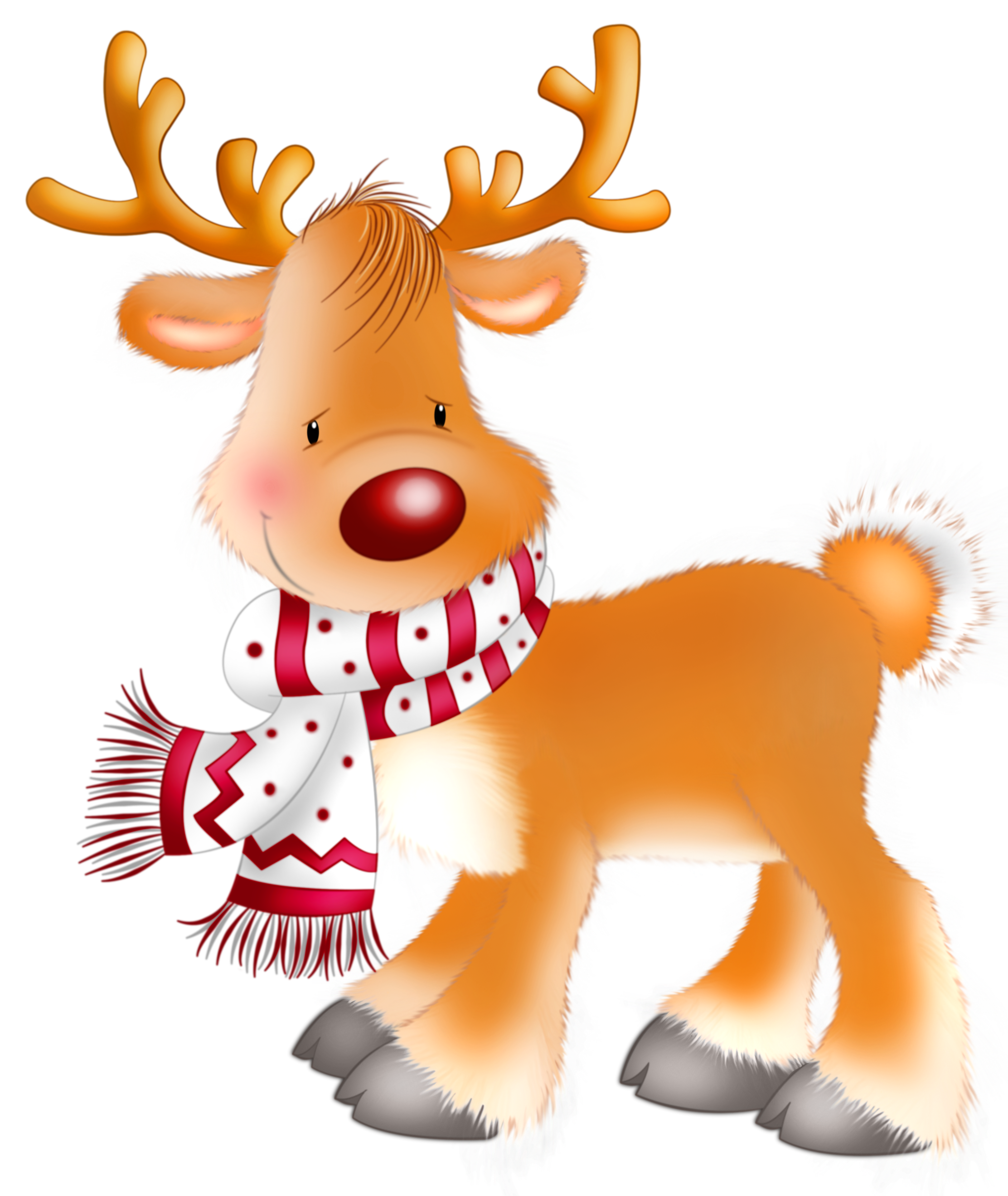 Cute cartoon reindeer with red nose and festive red-and-white scarf, smiling warmly against white background.