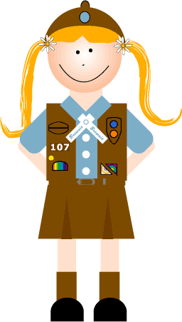 Smiling girl scout in brown uniform with patches, sash, and pigtails standing confidently.