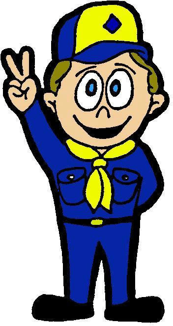 Cheerful cartoon scout in blue uniform and yellow neckerchief making a peace sign.