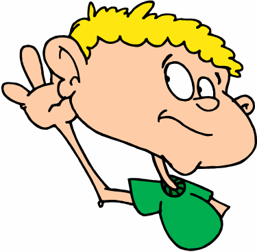 Cartoon boy with blonde hair cupping hand to ear, listening intently in green shirt.