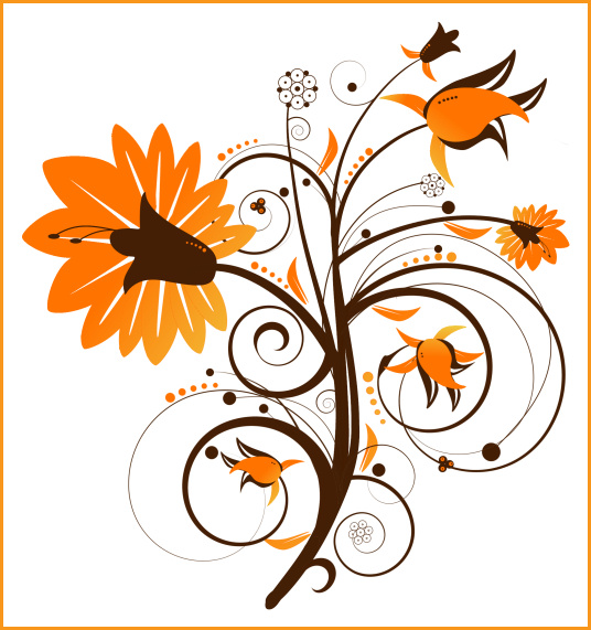 Stylized orange and brown floral vector illustration with swirling vines and decorative elements on white background.