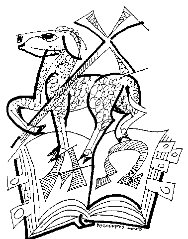Stylized black-and-white illustration of a lamb standing on an open book with Alpha and Omega symbols and a cross.