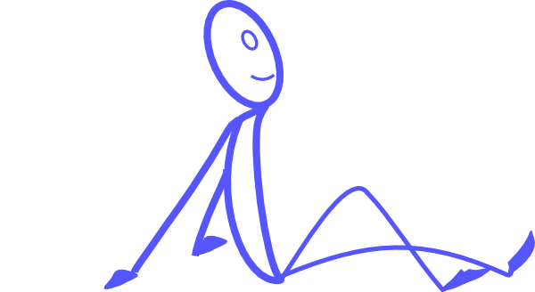 Blue stick figure sitting cross-legged with a smile, minimalist line drawing on white background.