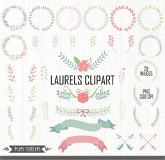Collection of floral and botanical clipart elements including wreaths, ribbons, arrows, and decorative frames in pastel colors.