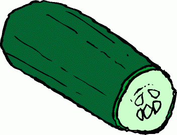 A cartoon-style illustration of a green cucumber sliced in half, showing its pale interior and seed pattern.