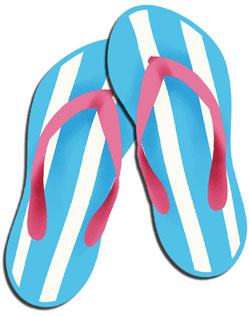 Blue and white striped flip-flops with pink straps on a white background.