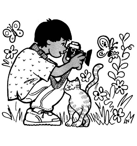 Kid Photographing Cat in Garden - Black-and-White Illustration