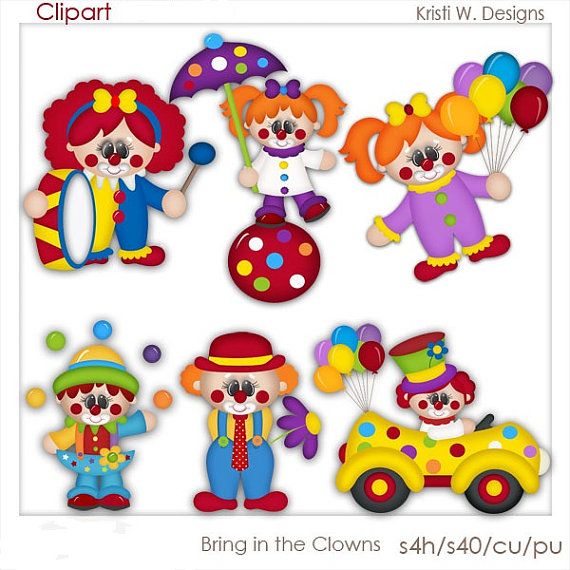 Six colorful cartoon clowns with props like balloons, drum, umbrella, and polka-dot car, designed for children’s party themes.