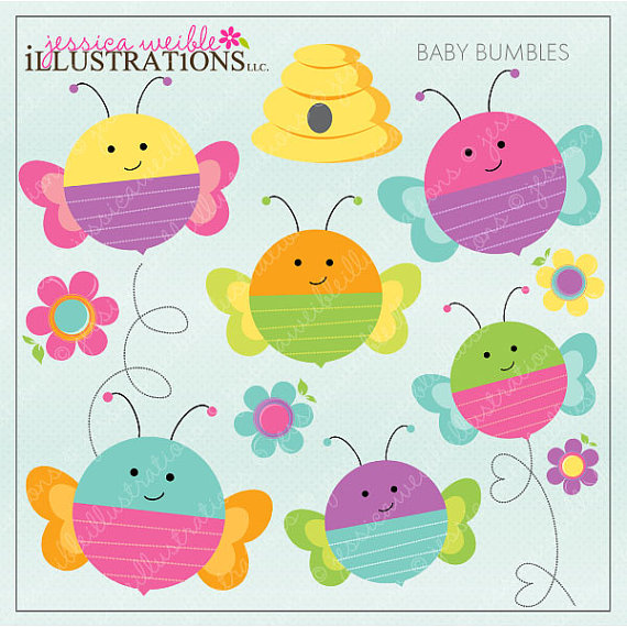 Colorful cartoon baby bumblebees with smiling faces, flowers, and a beehive on a light blue background.
