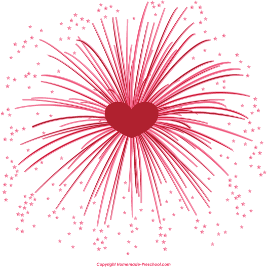 Pink heart-shaped fireworks with starry bursts, celebrating love and romance.