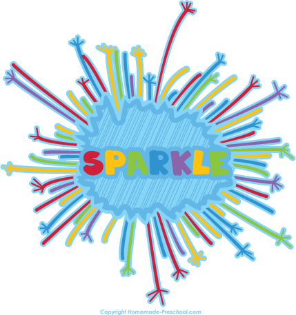 Colorful burst graphic with the word "SPARKLE" in rainbow letters, surrounded by dynamic lines and star-like tips.