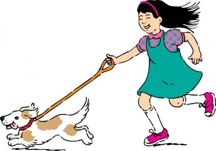 A smiling girl in a green dress runs while holding a leash attached to a happy brown-and-white dog.