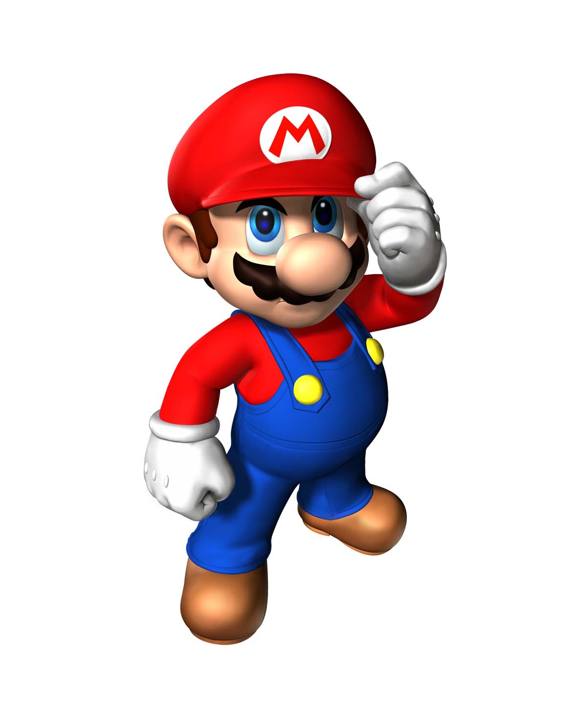 Mario in iconic red cap and blue overalls, tipping his hat with a cheerful expression.