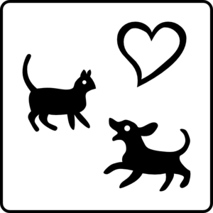 Black silhouettes of a cat, dog, and heart on white background symbolizing pet love and companionship.