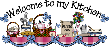 Colorful illustrated kitchen banner with "Welcome to my Kitchen" text, baskets, flour sack, apples, and checkered trim.