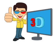 A cheerful man wearing red-blue 3D glasses gives a thumbs-up beside a monitor displaying "3D" in bold red and blue letters.