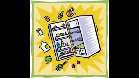 Open refrigerator with food items flying out, cartoon-style illustration on yellow burst background.