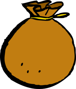 A cartoon-style brown sack tied at the top with a yellow drawstring, featuring small black dots on its surface.