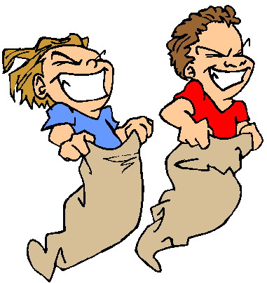 Two smiling cartoon characters racing in burlap sacks, joyful and competitive.