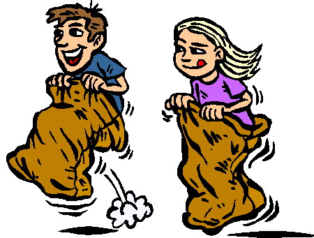 A boy and a girl joyfully competing in a sack race, hopping forward with burlap sacks around their legs.