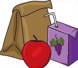 Brown paper lunch bag, red apple, and purple grape juice box with straw.