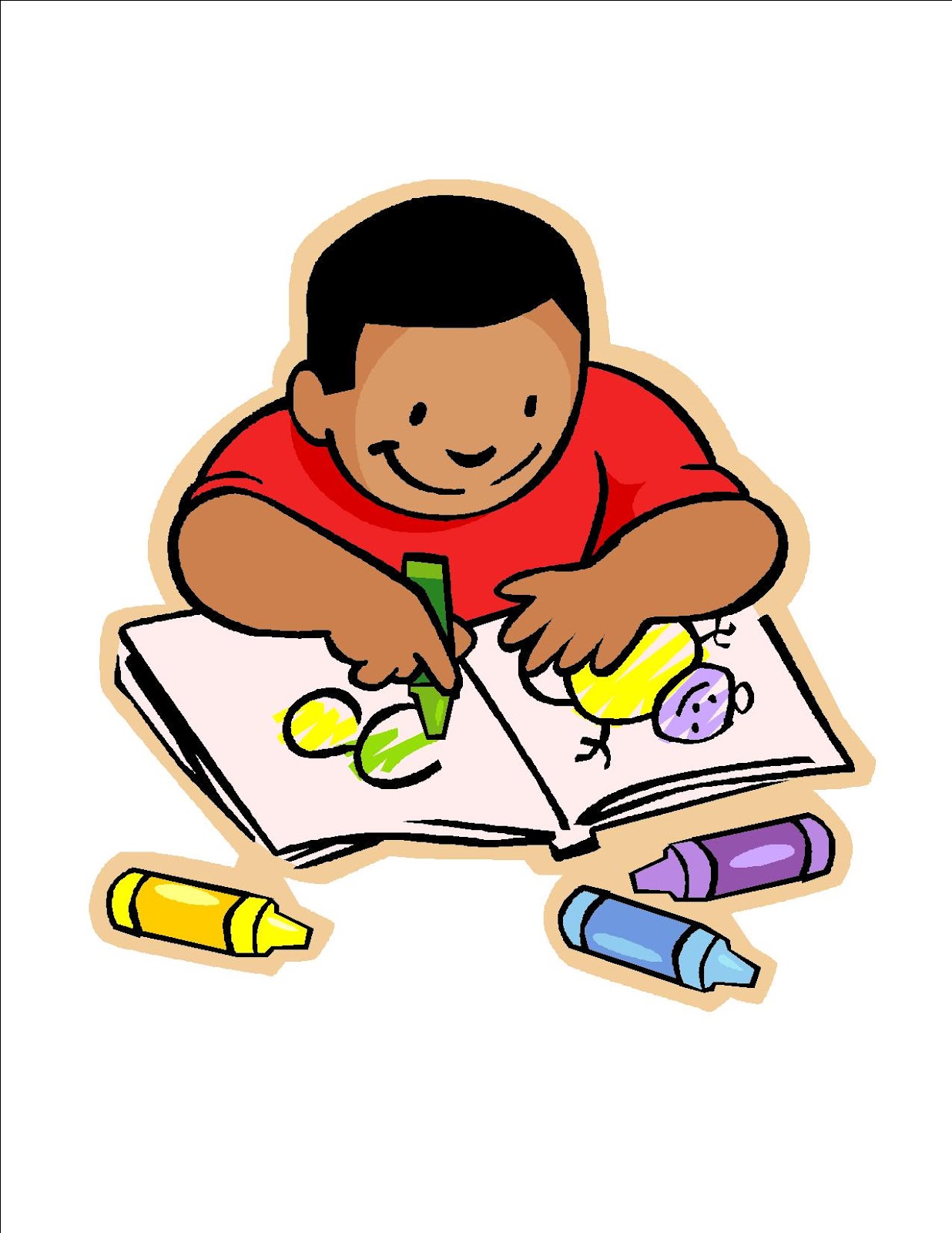 A smiling child in a red shirt colors with crayons in a sketchbook, surrounded by yellow, green, purple, and blue crayons.