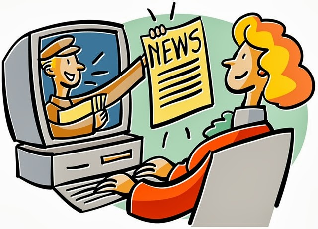 A cartoon woman reads online news delivered by a smiling reporter emerging from a computer screen.