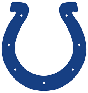Indianapolis Colts logo featuring a blue horseshoe with white outline and rivet details on black background.