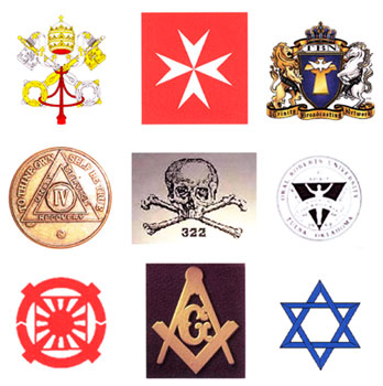A grid of nine symbolic emblems including Papal insignia, Maltese cross, Masonic square and compasses, Star of David, and others.