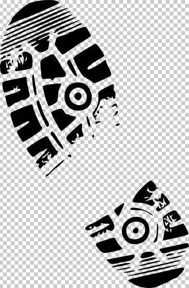 Black shoe sole tread pattern imprint on transparent background, showing detailed heel and toe grip design.
