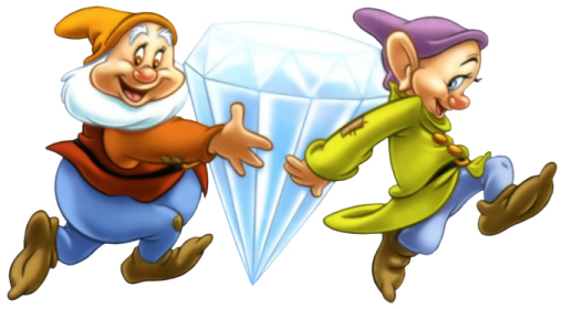 Two Disney dwarfs-Happy and Dopey-joyfully running with a large sparkling diamond between them.