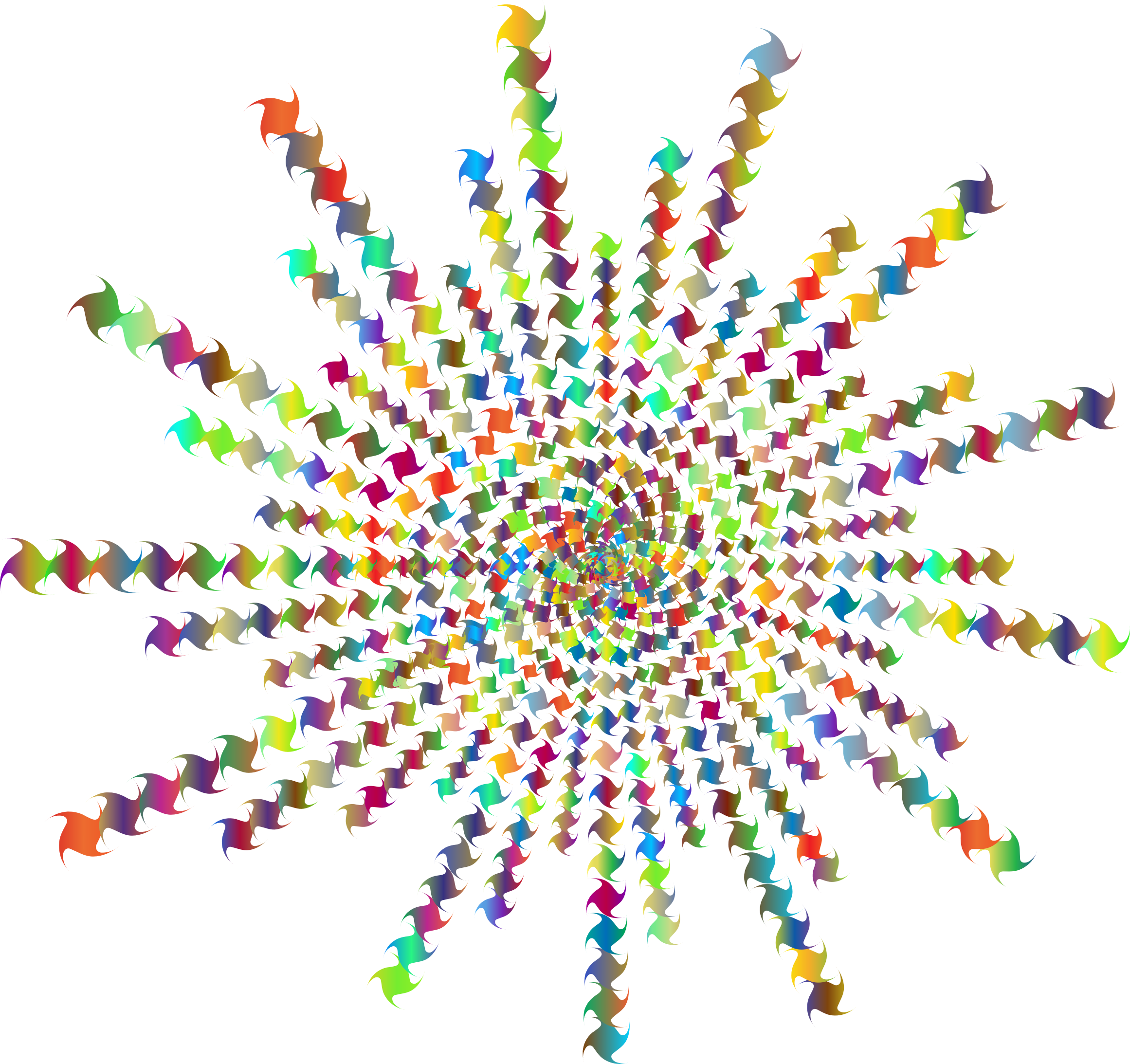 Vibrant rainbow-colored fractal spiral with repeating wave-like arms radiating from a central vortex on black background.